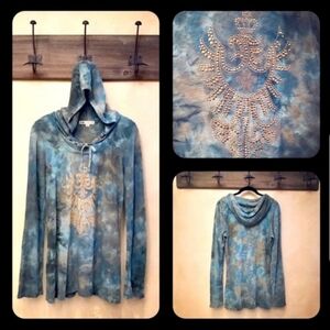 Society Teal Tie-Dye Hoodie with Studded Crest Size Medium